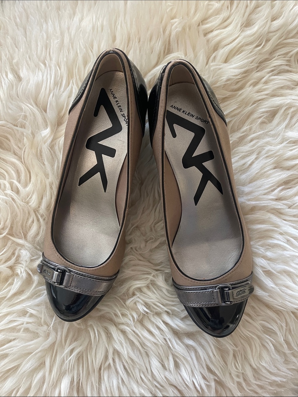 Anne Klein Two-Tone Taupe and Black Wedge Pumps